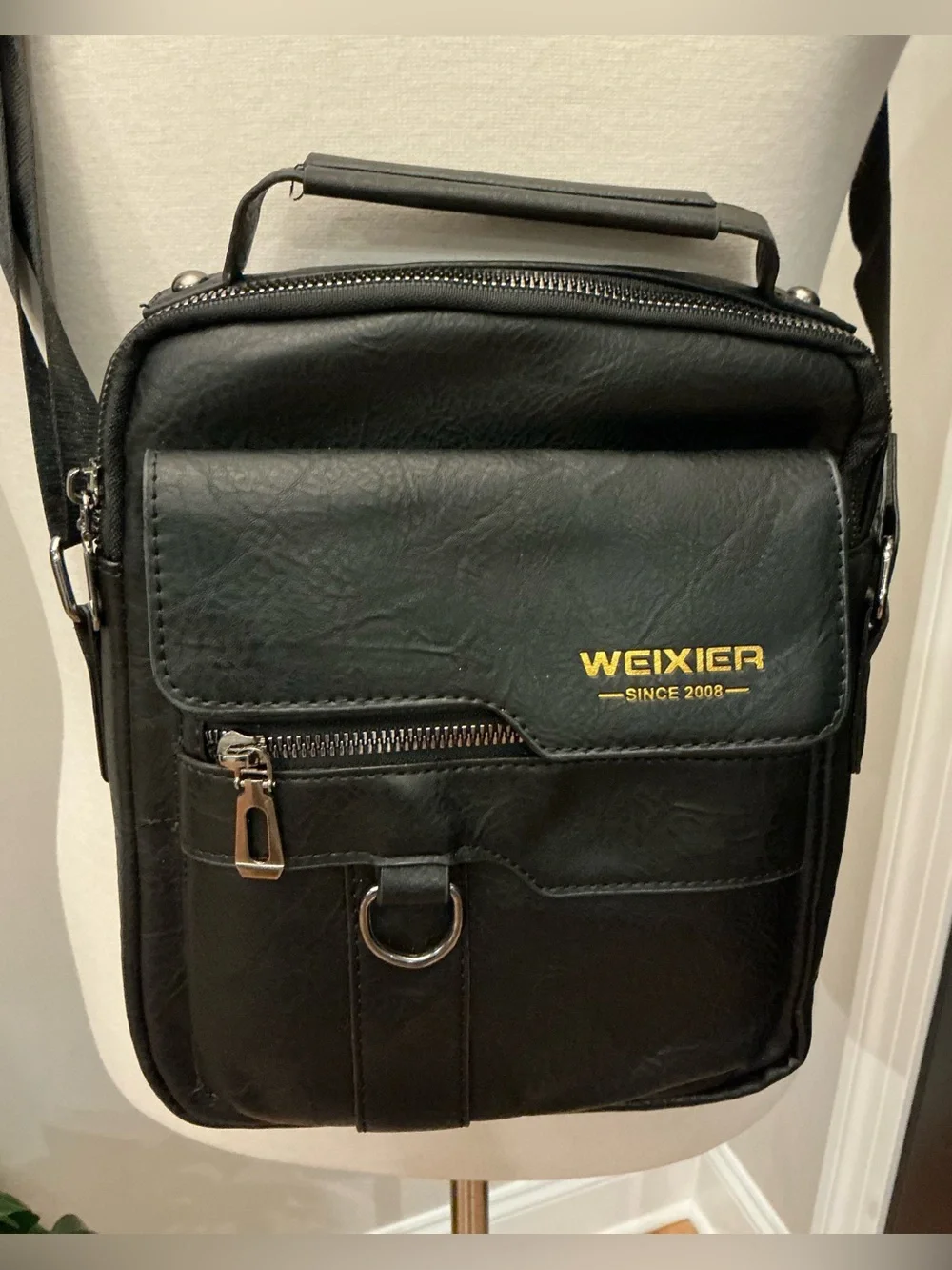 Weixier Black Leather Unisex Crossbody Bag - Compact Travel Messenger
